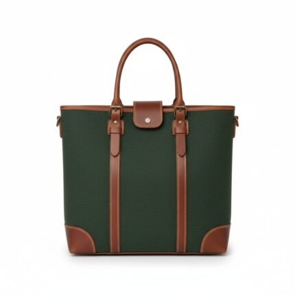 Premium Dark Green Wool & Tan Leather Tote Bag | Women's Everyday Style, Durable with Adjustable Straps & Brass Accents