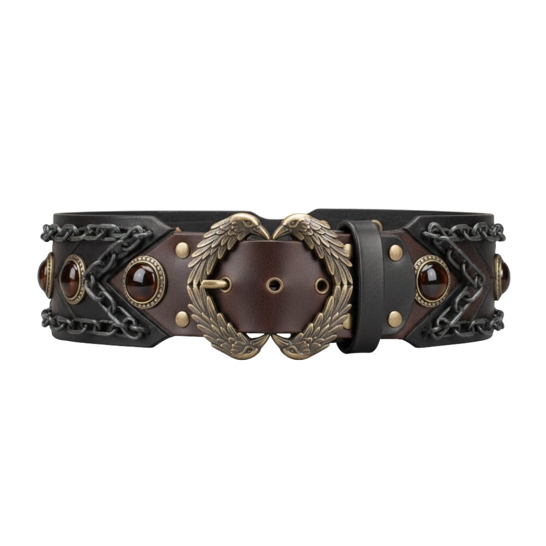 Raven’s Coil Cincher Edgy Embellished Leather Belt in Distressed Charcoal & Dark Brown with Antique Bronze Hardware and Amber Stone Accents (5)