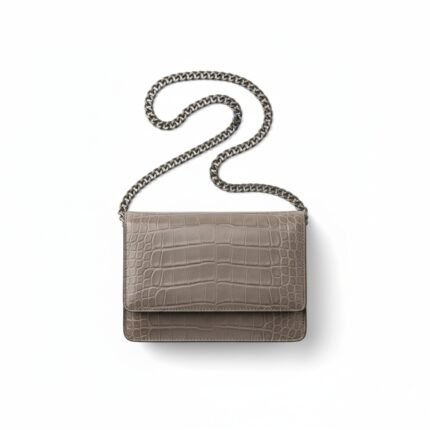 Sophisticated Taupe Crocodile Embossed Leather Shoulder Bag | Secure Flap Closure & Chic Dark Silver Chain Strap