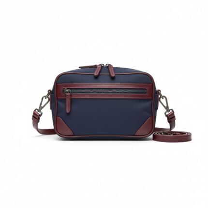 Stylish Navy Blue Nylon Shoulder Bag | Burgundy Leather Trim & Detachable Crossbody Strap | Durable & Versatile Everyday Handbag