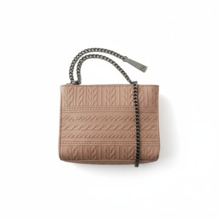 Trendy Light Tan Cable Knit Faux Leather Shoulder Bag | Silver Chain Strap & Secure Zip Closure Handbag