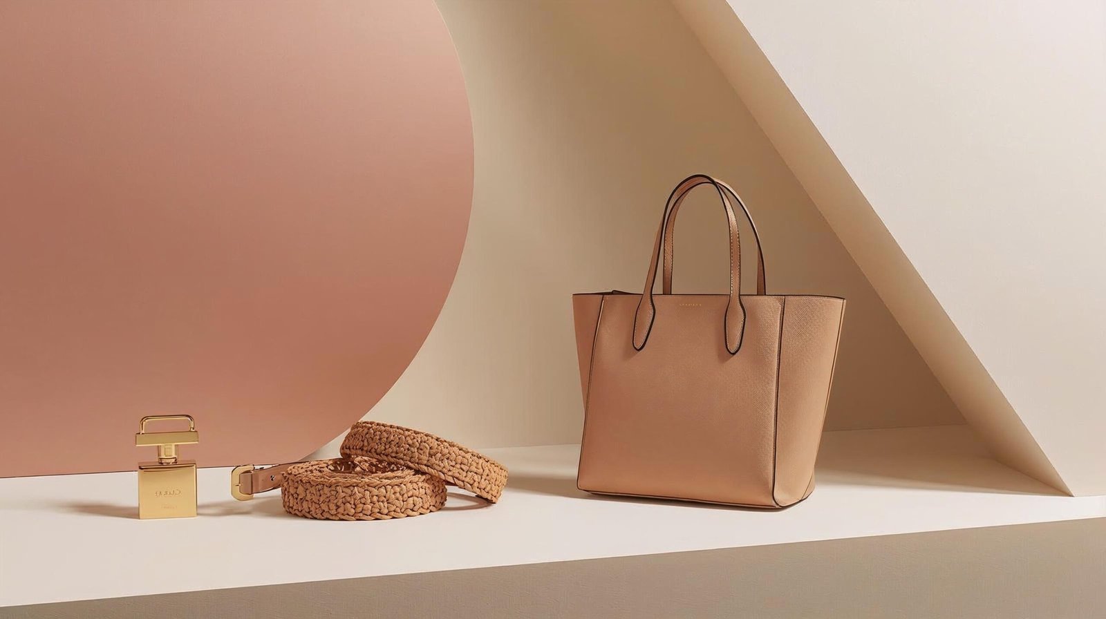Editorial still life of chain belt and chain strap bag on mauve and beige backdrop