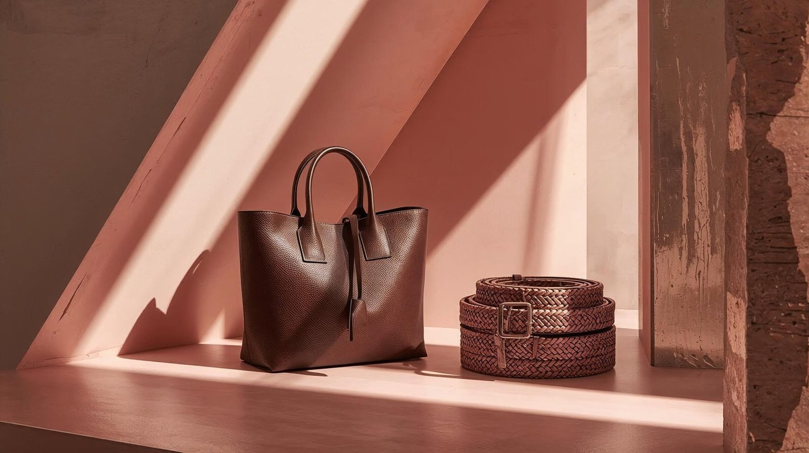 Leather-trim tote and belts with geometric backdrop and gold hardware